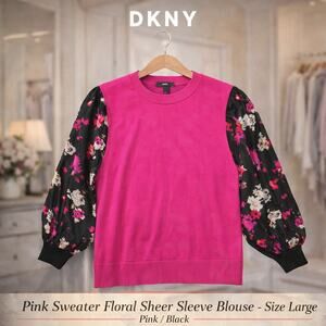DKNY pink sweater floral sheer sleeve blouse size large